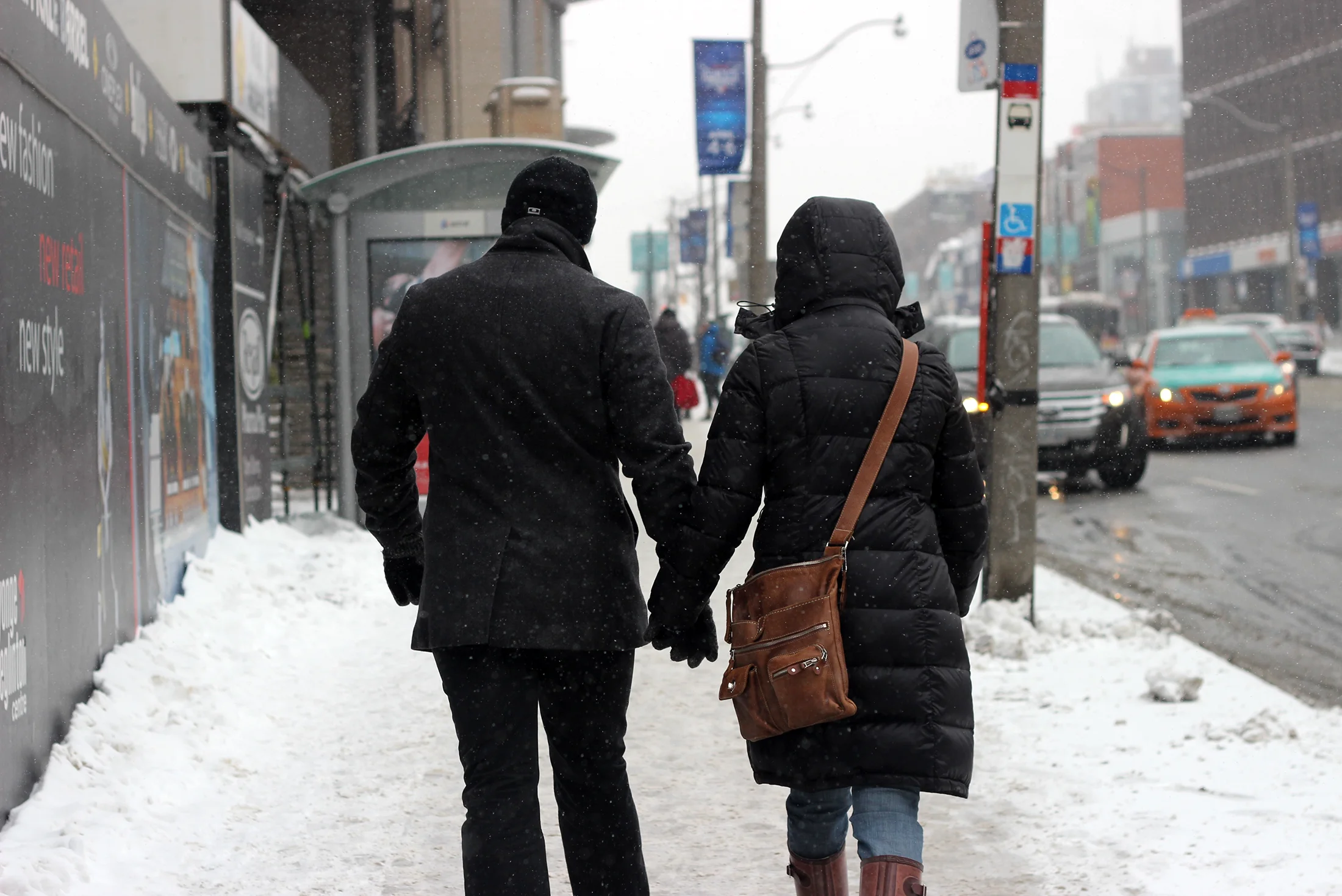 Pedestrians on snowy street