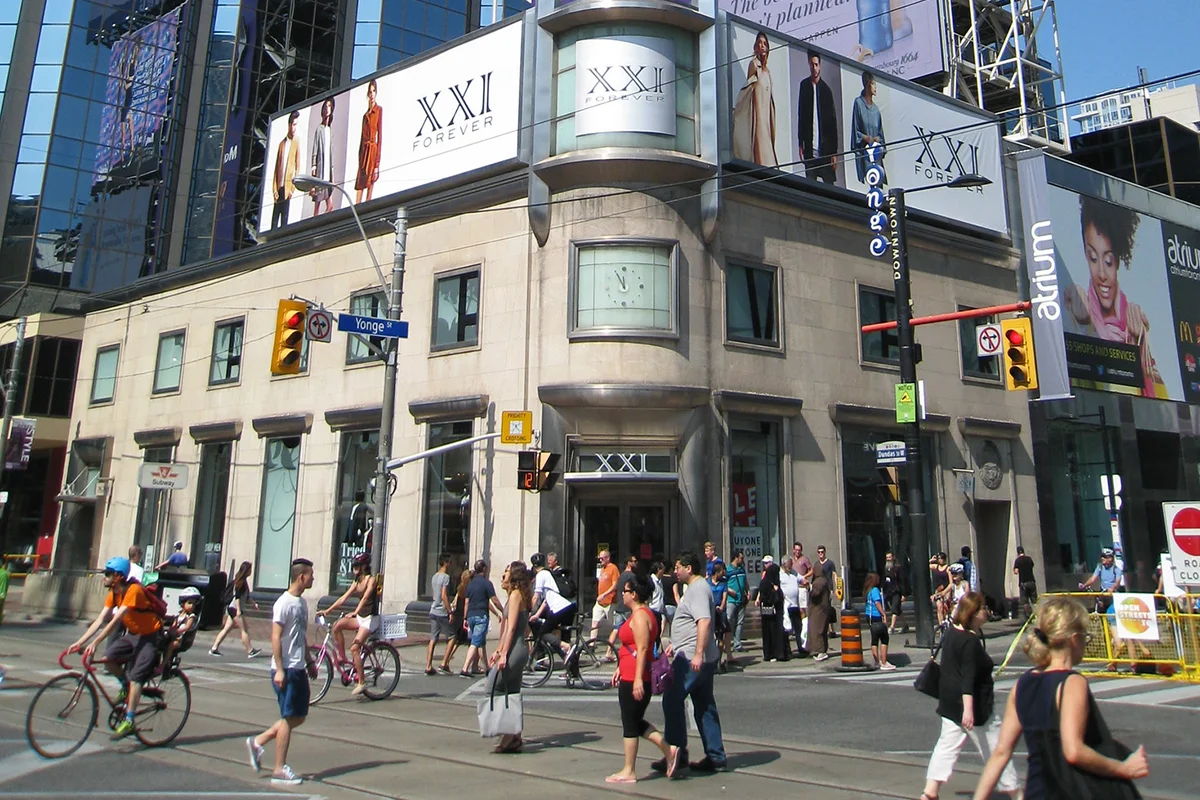 Pedestrians and cyclists on Yonge Street when the street was closed to vehicular traffic during OpenStreets festival in Toronto